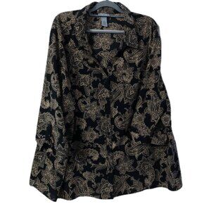 Catherines Womens Shirt Size 3X Floral V-Neck Blouse Black Brown Length 30"